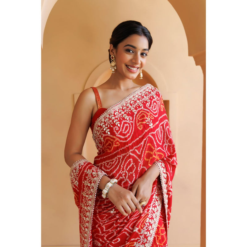 Geroo Luxe Red Hand Embroidered Gota Patti Bandhani Saree with Unstitched Blouse