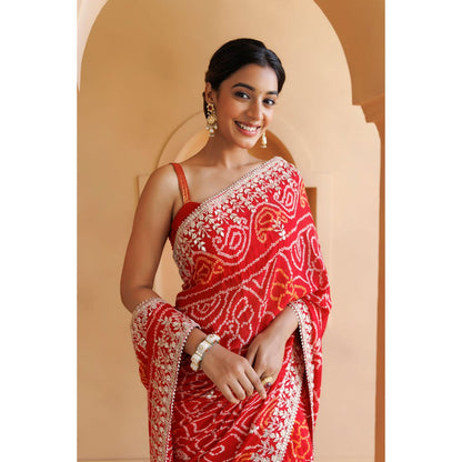 Geroo Luxe Red Hand Embroidered Gota Patti Bandhani Saree with Unstitched Blouse
