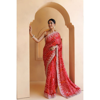 Geroo Luxe Red Hand Embroidered Gota Patti Bandhani Saree with Unstitched Blouse