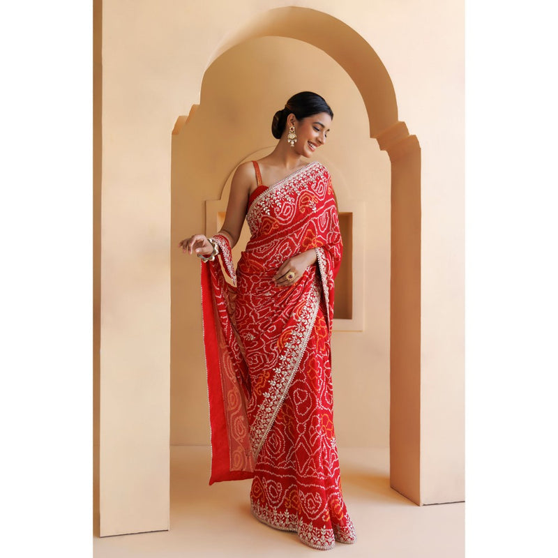 Geroo Luxe Red Hand Embroidered Gota Patti Bandhani Saree with Unstitched Blouse