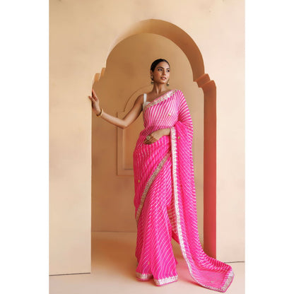 Geroo Luxe Pink Hand Embroidered Leheriya Mothra Saree with Unstitched Blouse