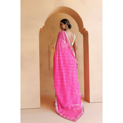 Geroo Luxe Pink Hand Embroidered Leheriya Mothra Saree with Unstitched Blouse