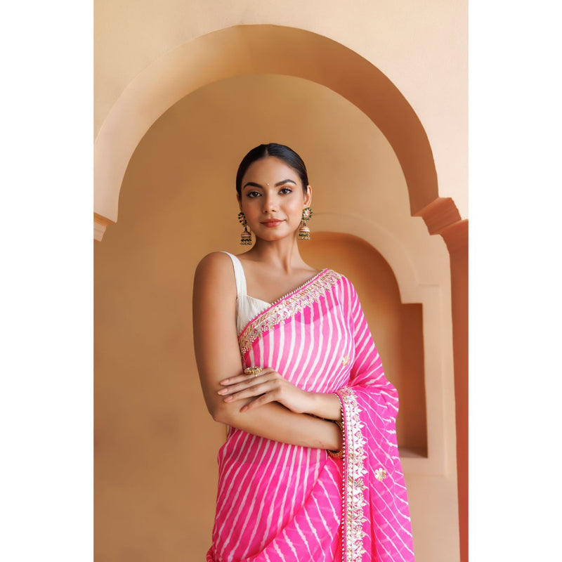 Geroo Luxe Pink Hand Embroidered Leheriya Mothra Saree with Unstitched Blouse