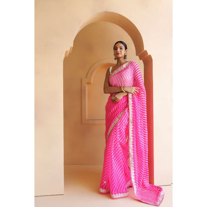 Geroo Luxe Pink Hand Embroidered Leheriya Mothra Saree with Unstitched Blouse