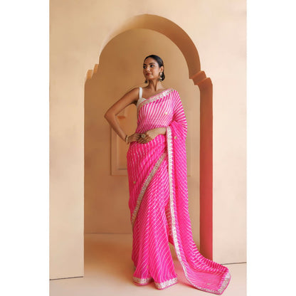 Geroo Luxe Pink Hand Embroidered Leheriya Mothra Saree with Unstitched Blouse