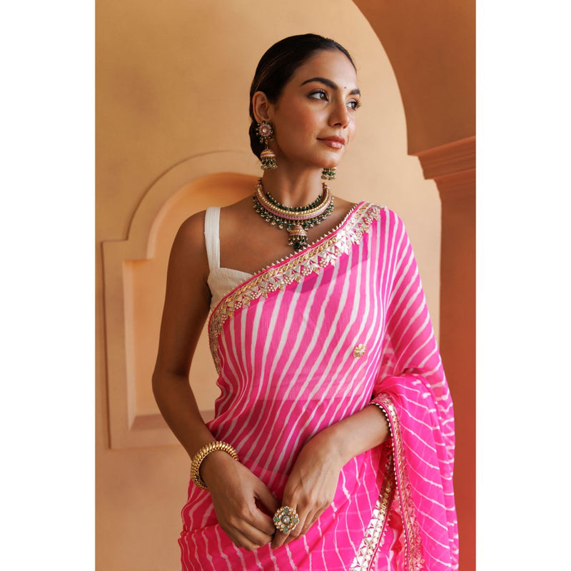 Geroo Luxe Pink Hand Embroidered Leheriya Mothra Saree with Unstitched Blouse