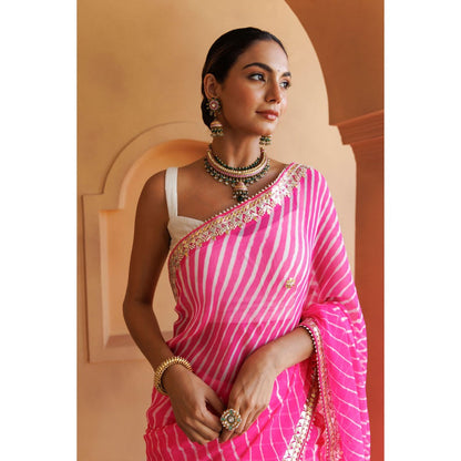 Geroo Luxe Pink Hand Embroidered Leheriya Mothra Saree with Unstitched Blouse
