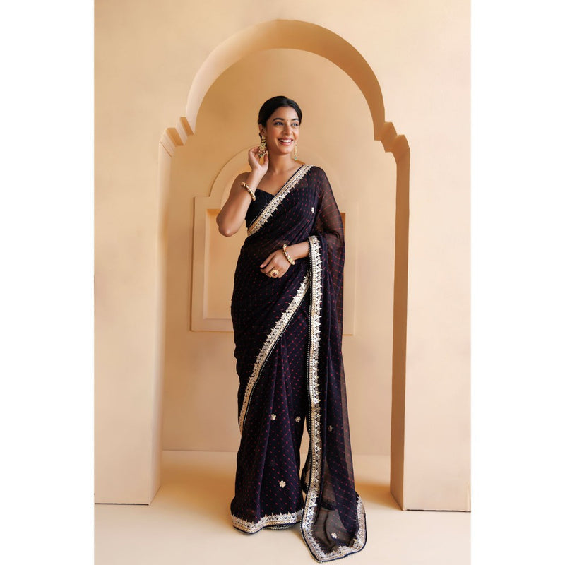 Geroo Luxe Black Hand Embroidered Gota Patti Saree with Unstitched Blouse