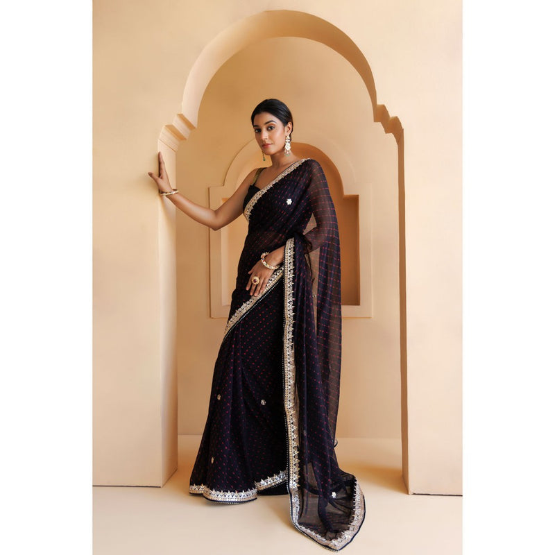 Geroo Luxe Black Hand Embroidered Gota Patti Saree with Unstitched Blouse