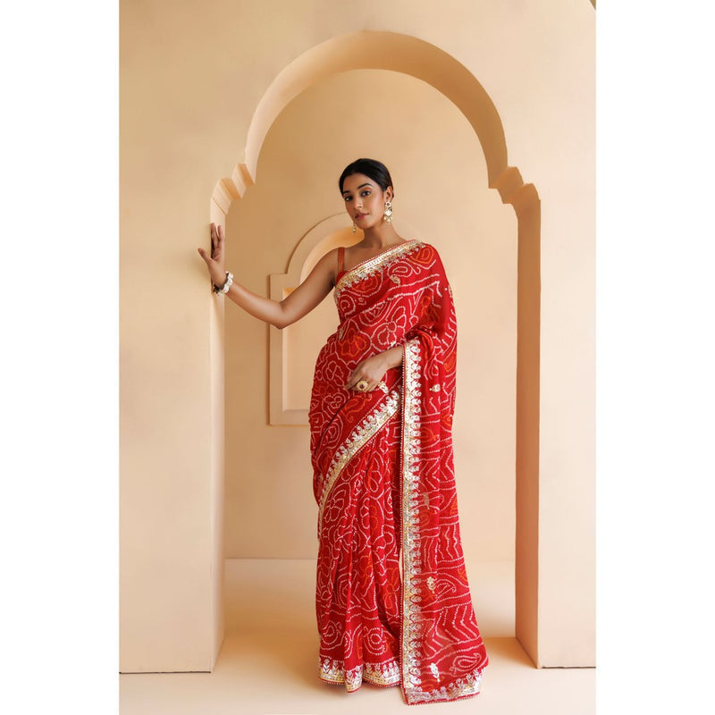 Geroo Luxe Red Hand Embroidered Bandhani Saree with Unstitched Blouse
