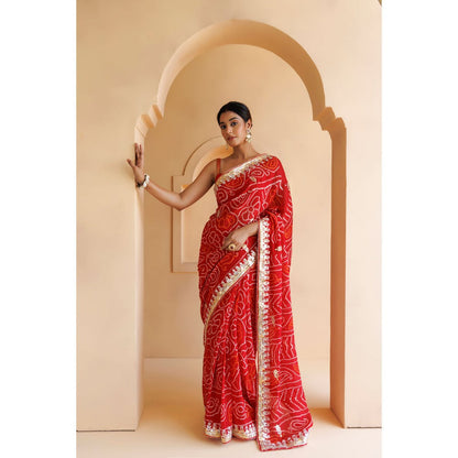 Geroo Luxe Red Hand Embroidered Bandhani Saree with Unstitched Blouse
