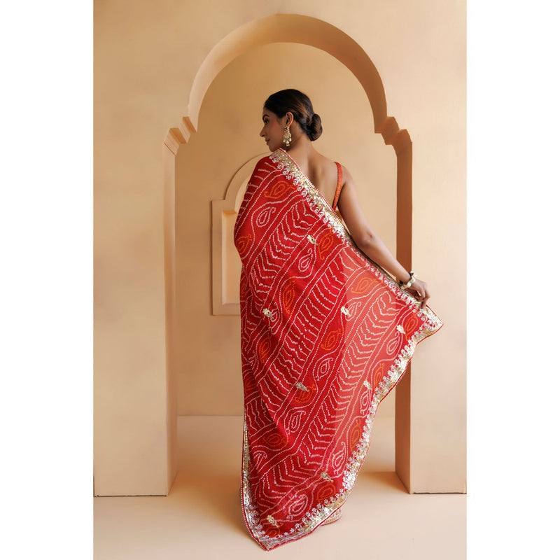 Geroo Luxe Red Hand Embroidered Bandhani Saree with Unstitched Blouse