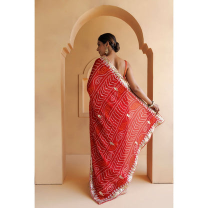 Geroo Luxe Red Hand Embroidered Bandhani Saree with Unstitched Blouse