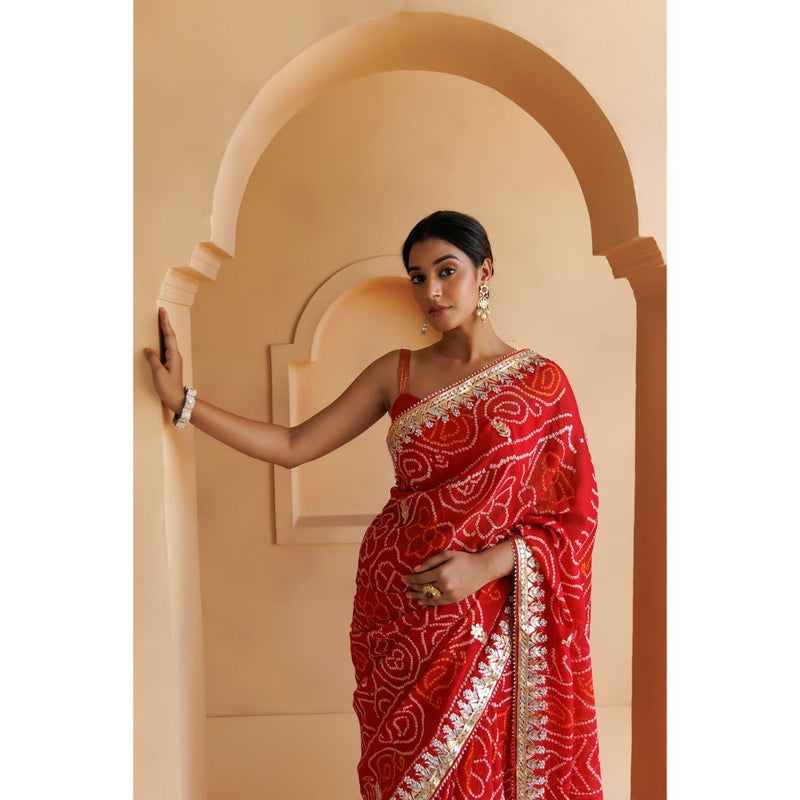 Geroo Luxe Red Hand Embroidered Bandhani Saree with Unstitched Blouse