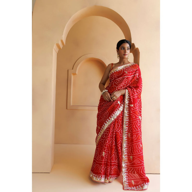 Geroo Luxe Red Hand Embroidered Bandhani Saree with Unstitched Blouse