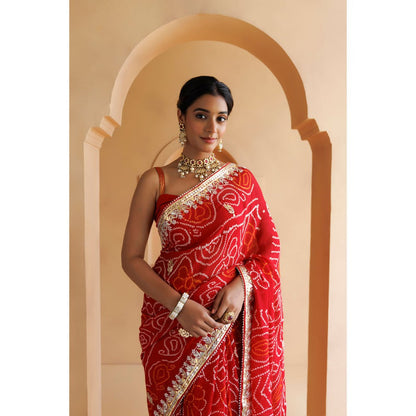 Geroo Luxe Red Hand Embroidered Bandhani Saree with Unstitched Blouse