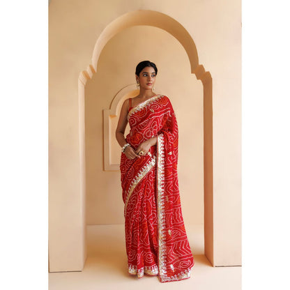 Geroo Luxe Red Hand Embroidered Bandhani Saree with Unstitched Blouse