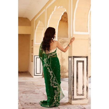 Geroo Luxe Green Hand Embroidered Aari-Zardozi Chiffon Saree with Unstitched Blouse