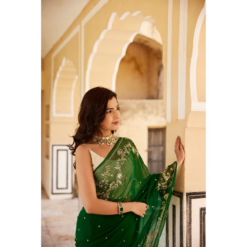 Geroo Luxe Green Hand Embroidered Aari-Zardozi Chiffon Saree with Unstitched Blouse