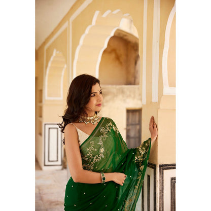 Geroo Luxe Green Hand Embroidered Aari-Zardozi Chiffon Saree with Unstitched Blouse