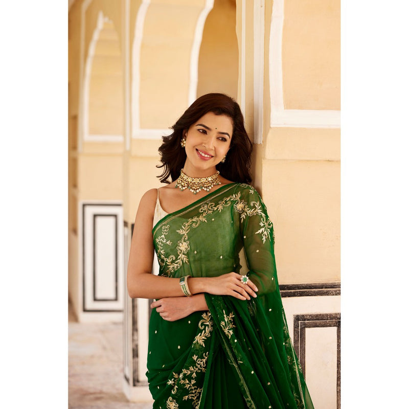 Geroo Luxe Green Hand Embroidered Aari-Zardozi Chiffon Saree with Unstitched Blouse