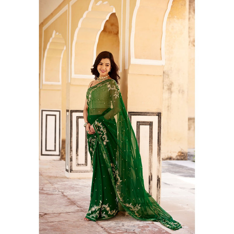 Geroo Luxe Green Hand Embroidered Aari-Zardozi Chiffon Saree with Unstitched Blouse