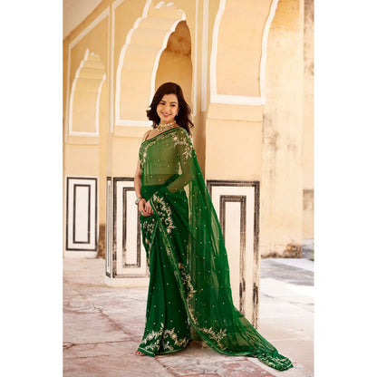 Geroo Luxe Green Hand Embroidered Aari-Zardozi Chiffon Saree with Unstitched Blouse