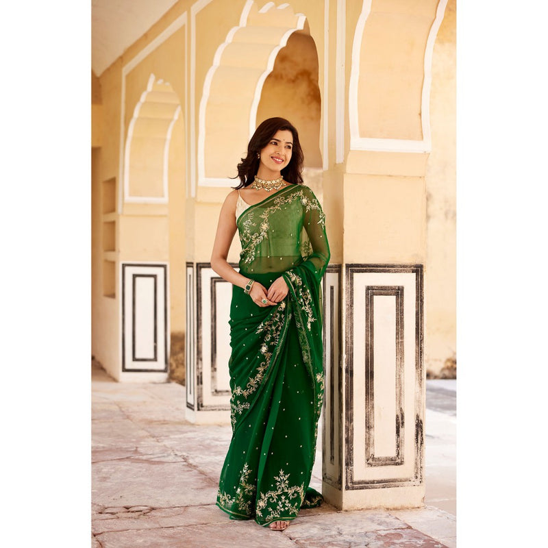Geroo Luxe Green Hand Embroidered Aari-Zardozi Chiffon Saree with Unstitched Blouse