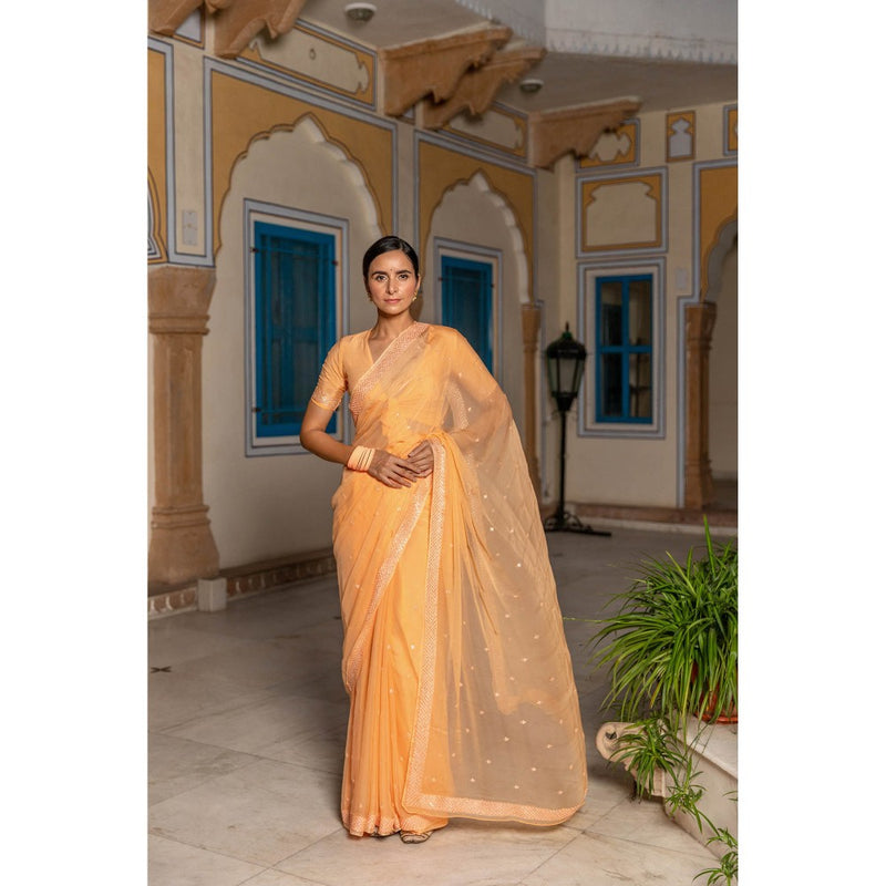 Geroo Luxe Orange Ethnic Motifs Mirror Work Pure Chiffon Saree with Unstitched Blouse