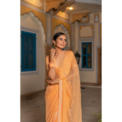 Geroo Luxe Orange Ethnic Motifs Mirror Work Pure Chiffon Saree with Unstitched Blouse