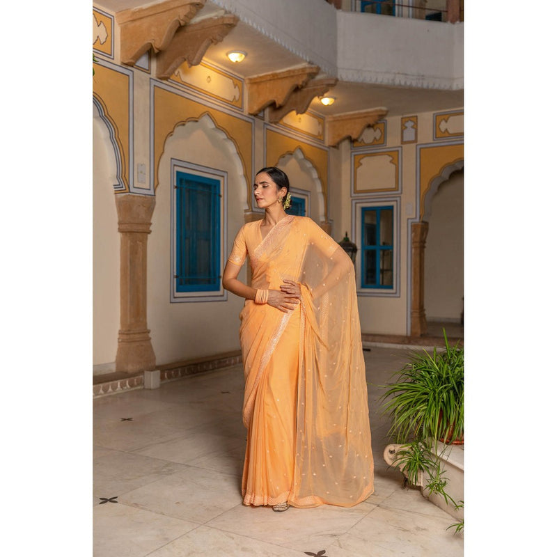Geroo Luxe Orange Ethnic Motifs Mirror Work Pure Chiffon Saree with Unstitched Blouse