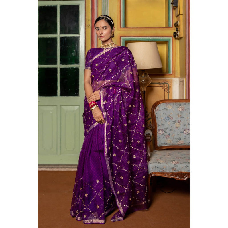 Geroo Luxe Purple Embellished Embroidered Pure Silk Kota Saree with Unstitched Blouse