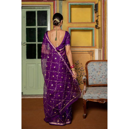 Geroo Luxe Purple Embellished Embroidered Pure Silk Kota Saree with Unstitched Blouse