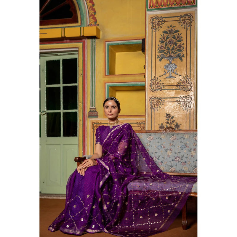 Geroo Luxe Purple Embellished Embroidered Pure Silk Kota Saree with Unstitched Blouse