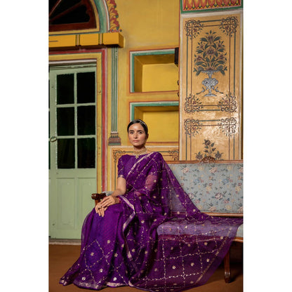 Geroo Luxe Purple Embellished Embroidered Pure Silk Kota Saree with Unstitched Blouse