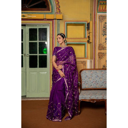 Geroo Luxe Purple Embellished Embroidered Pure Silk Kota Saree with Unstitched Blouse