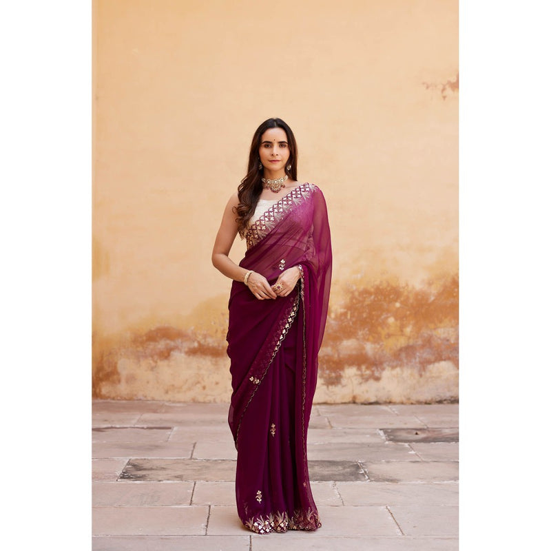 Geroo Luxe Burgundy Embroidered Gotta Patti Pure Chiffon Saree with Unstitched Blouse