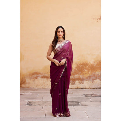 Geroo Luxe Burgundy Embroidered Gotta Patti Pure Chiffon Saree with Unstitched Blouse