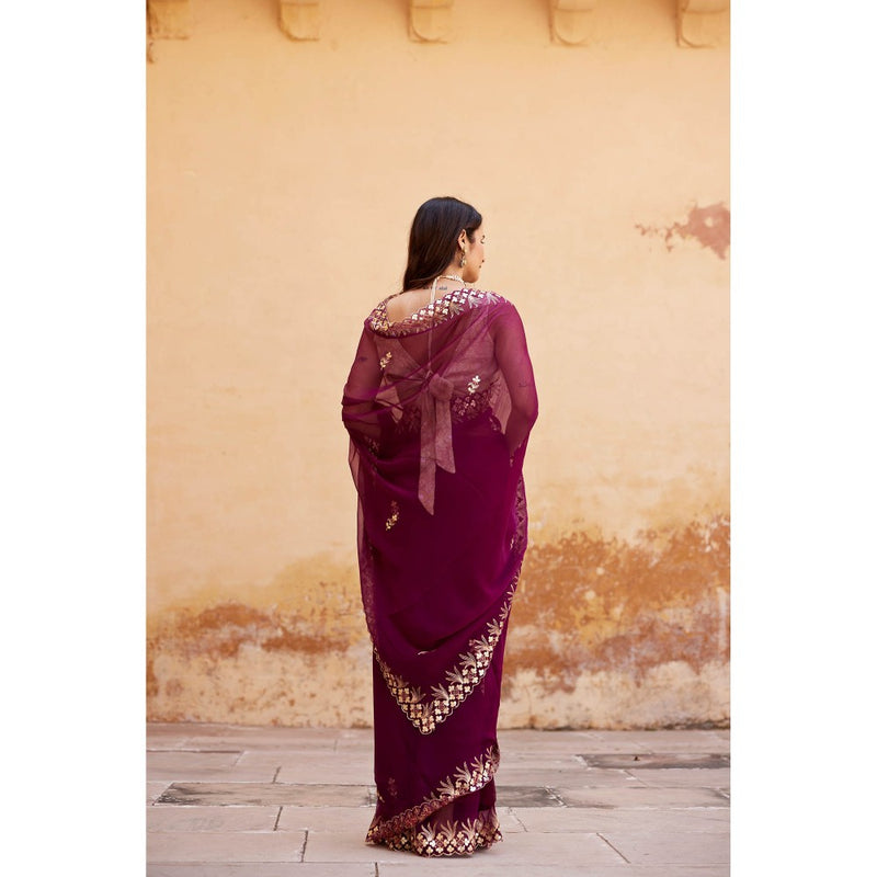 Geroo Luxe Burgundy Embroidered Gotta Patti Pure Chiffon Saree with Unstitched Blouse