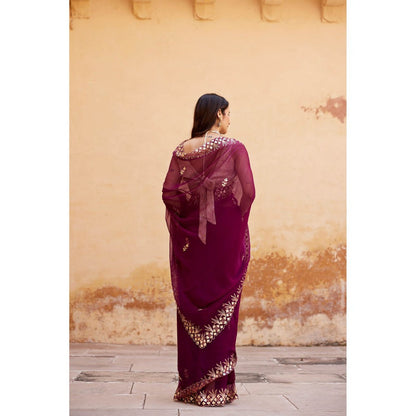 Geroo Luxe Burgundy Embroidered Gotta Patti Pure Chiffon Saree with Unstitched Blouse