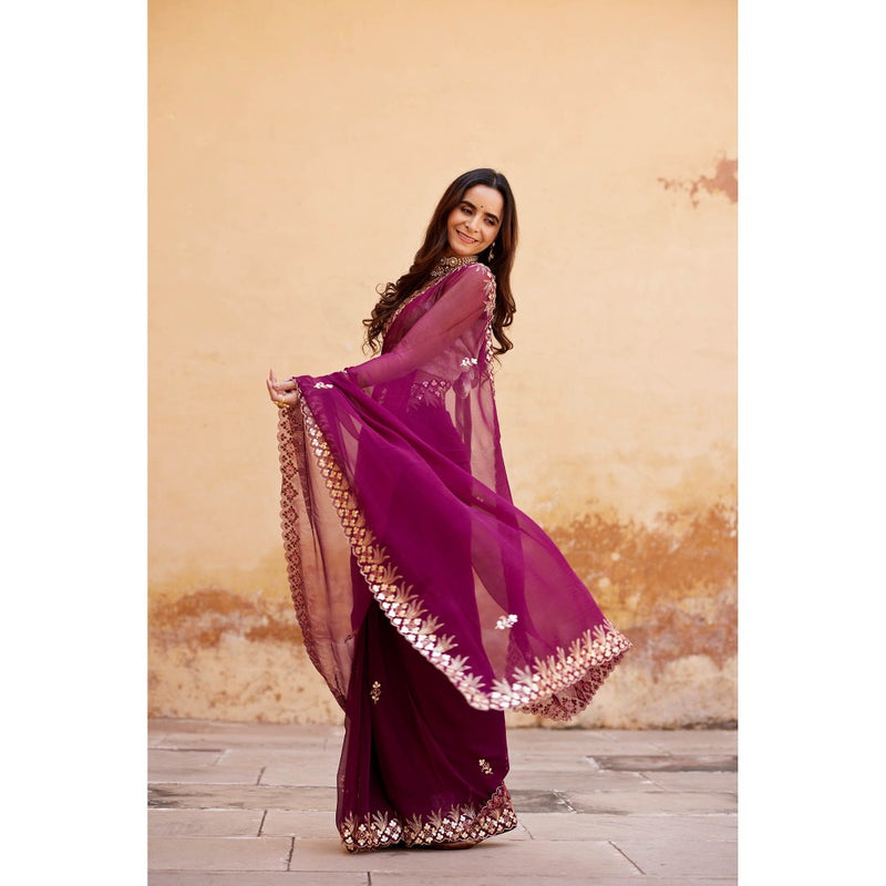 Geroo Luxe Burgundy Embroidered Gotta Patti Pure Chiffon Saree with Unstitched Blouse