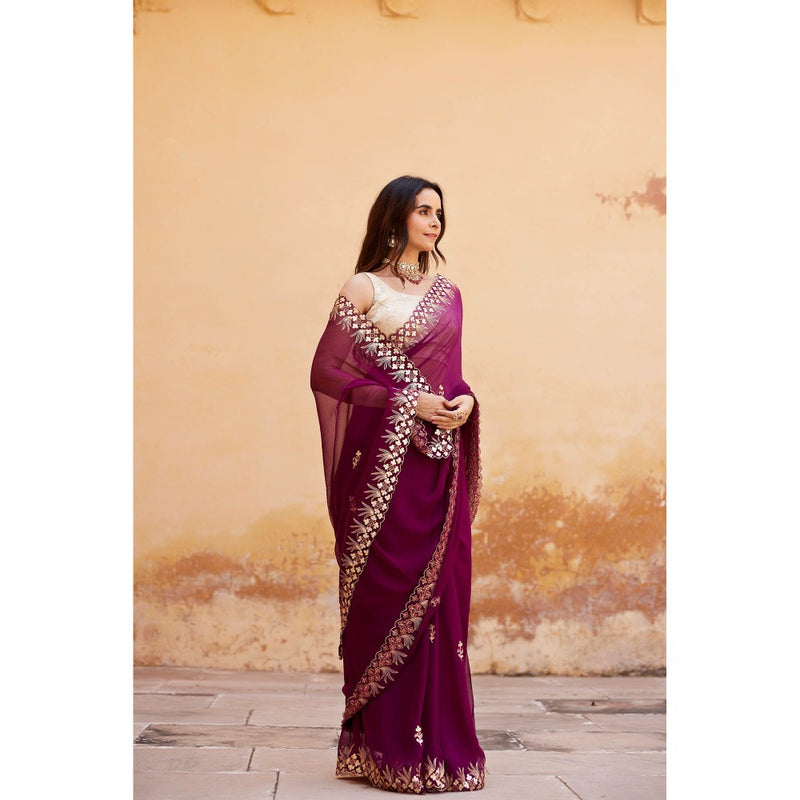 Geroo Luxe Burgundy Embroidered Gotta Patti Pure Chiffon Saree with Unstitched Blouse
