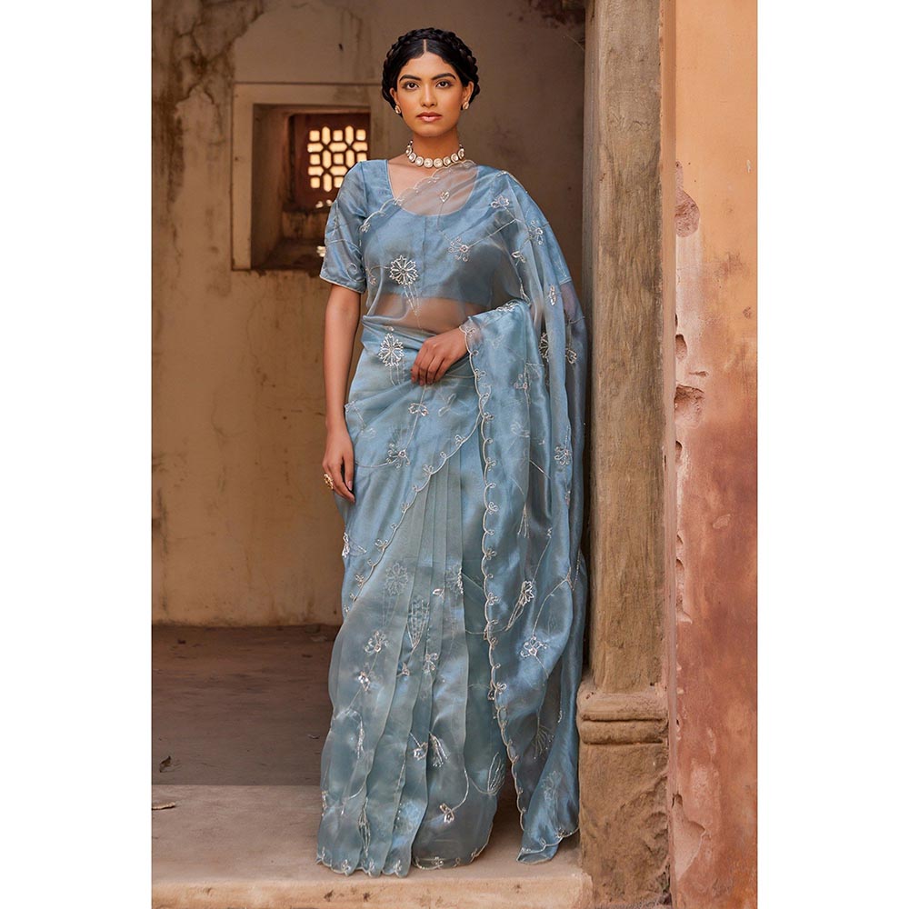 Geroo Luxe Blue Pure Tissue Saree with Unstitched Blouse