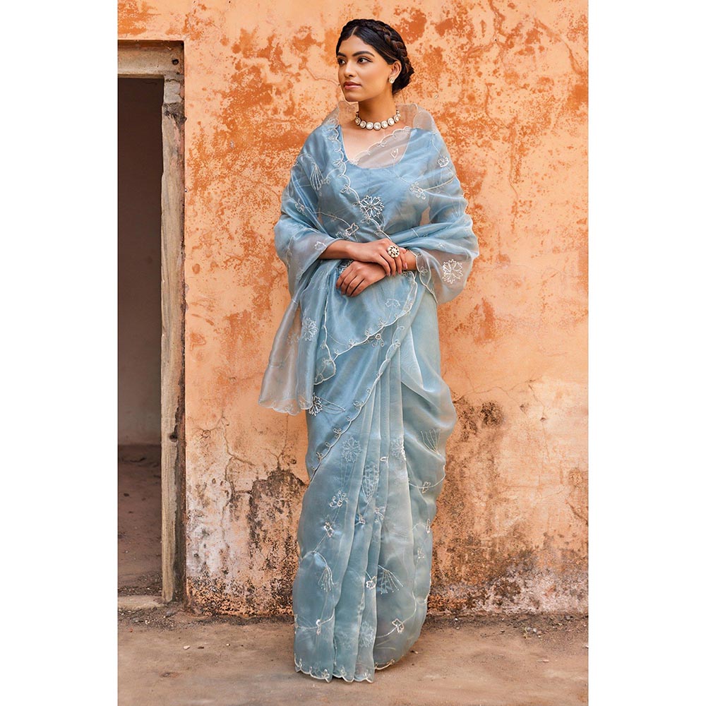 Geroo Luxe Blue Pure Tissue Saree with Unstitched Blouse