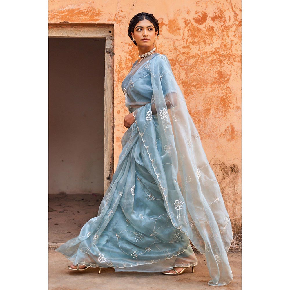 Geroo Luxe Blue Pure Tissue Saree with Unstitched Blouse
