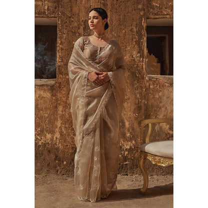 Geroo Luxe Beige Pure Tissue Saree with Unstitched Blouse