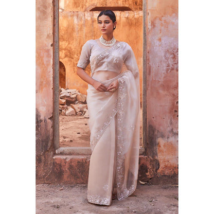 Geroo Luxe Sheer Dusty Silver Pure Tissue Saree with Unstitched Blouse