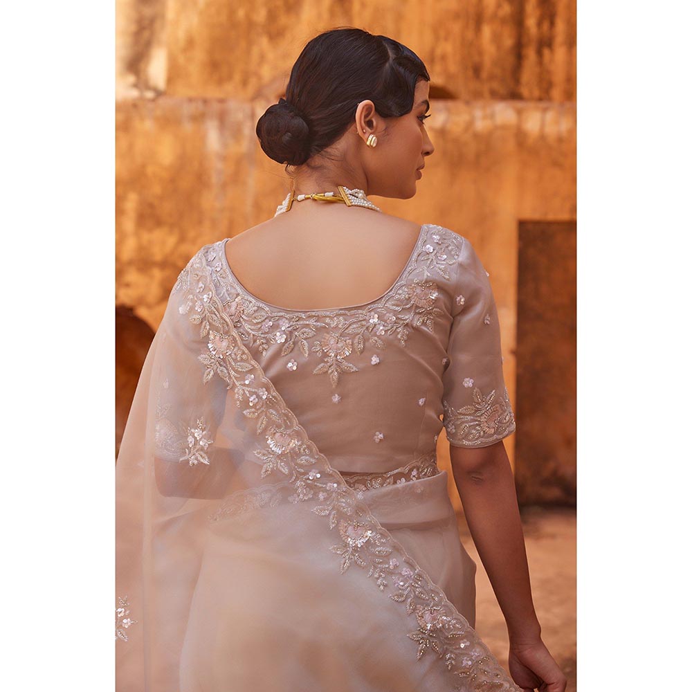 Geroo Luxe Sheer Dusty Silver Pure Tissue Saree with Unstitched Blouse