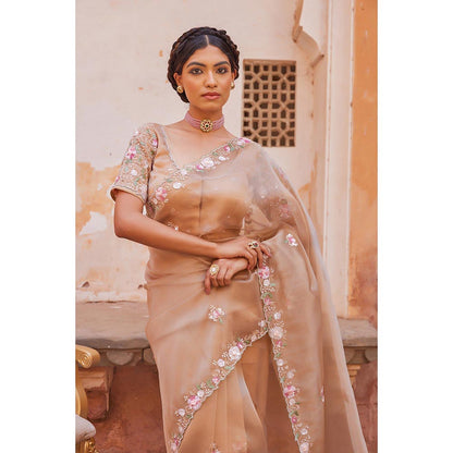Geroo Luxe Antique Beige Pure Tissue Saree with Unstitched Blouse
