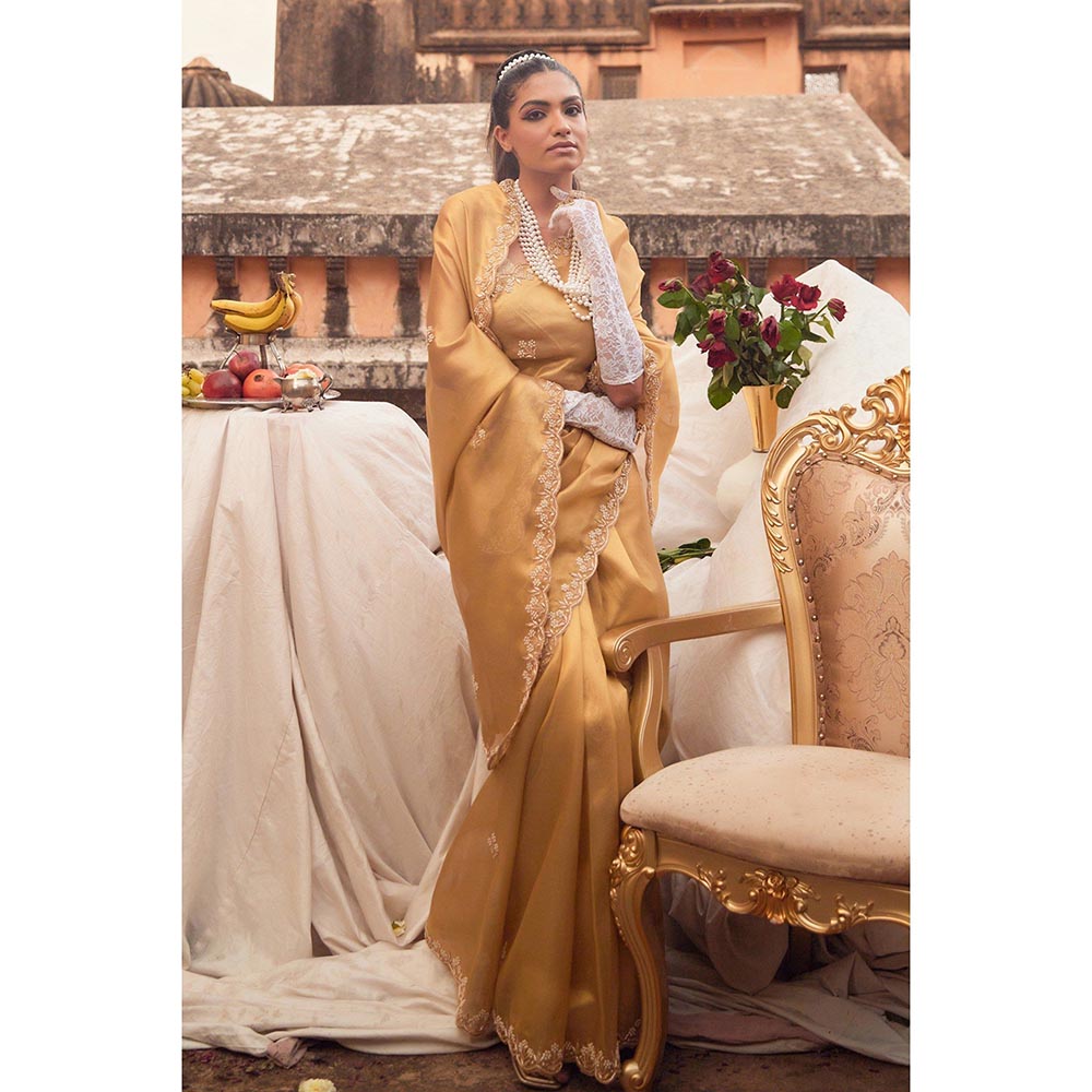 Geroo Luxe Gold Tissue Hand Embroidered Zardozi Saree with Unstitched Blouse
